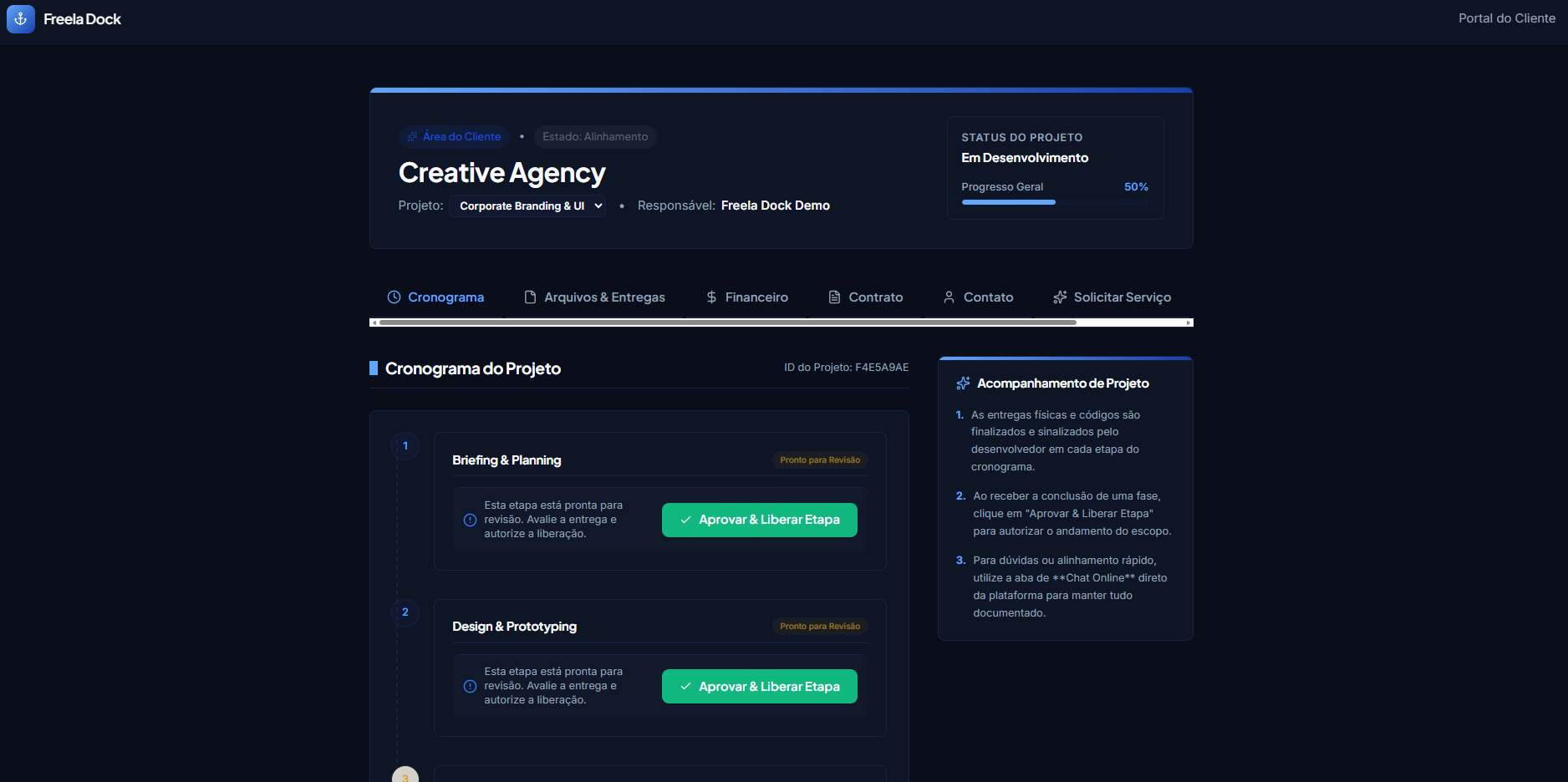 Portal do cliente do Freela Dock com acompanhamento de projeto